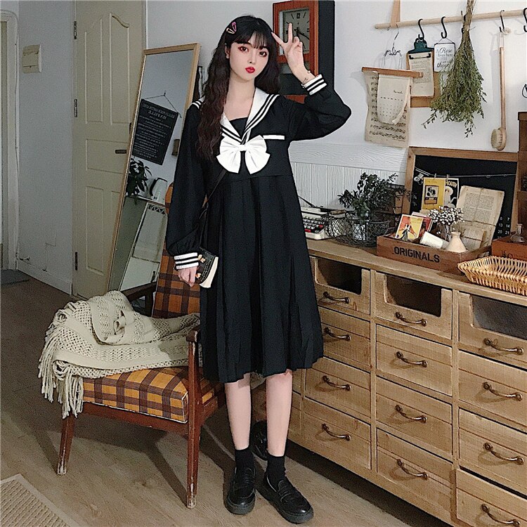 Japanse Stijl Zoete En Mooie Boog Matroos Kraag Lange Mouwen Jurk R Mid-Lengte Zwarte Rok Vrouwen &#39;S Herfst School Meisje