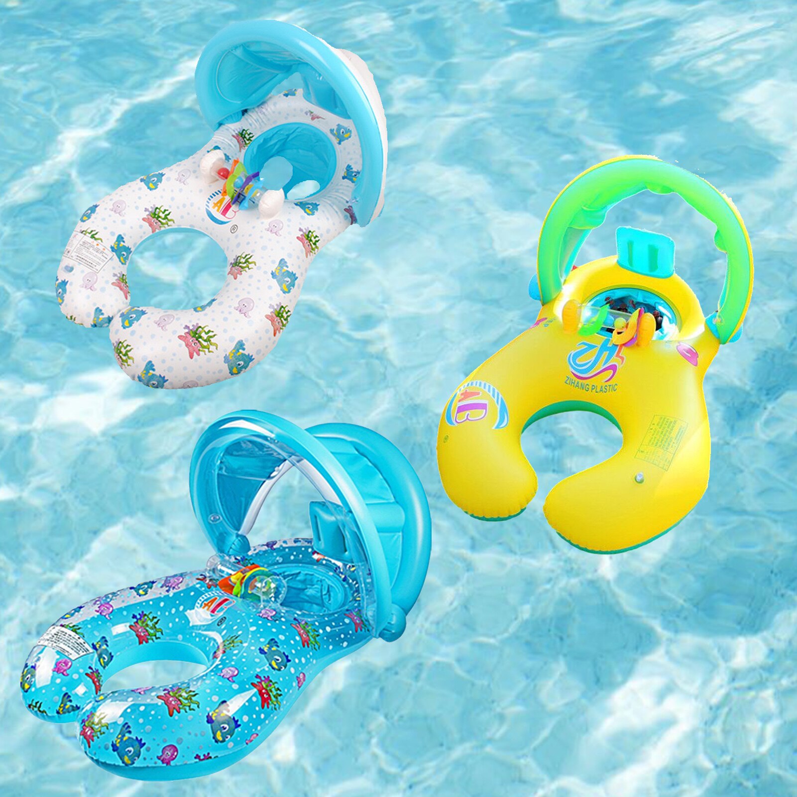 Moeder Baby Dubbele Zwemmen Float Ring Kids Baby Opblaasbare Zwemmen Cirkel Met Zonnescherm Float Seat Zonnescherm Ringen Zwembad Speelgoed