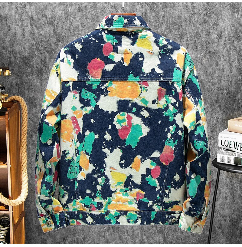 Men's Male Forest Camouflage Print Denim Jacket Loose Turn Down Collar Cargo Jean Coat Pockets Outerwear K822