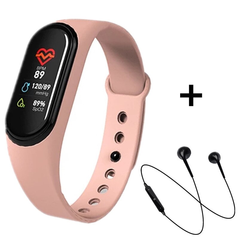 M4 smart band hjertefrekvens blodtryksmåler smart armbånd fintness aktivitet trackeer smart armbåndsur med øretelefon: Lyserød sort
