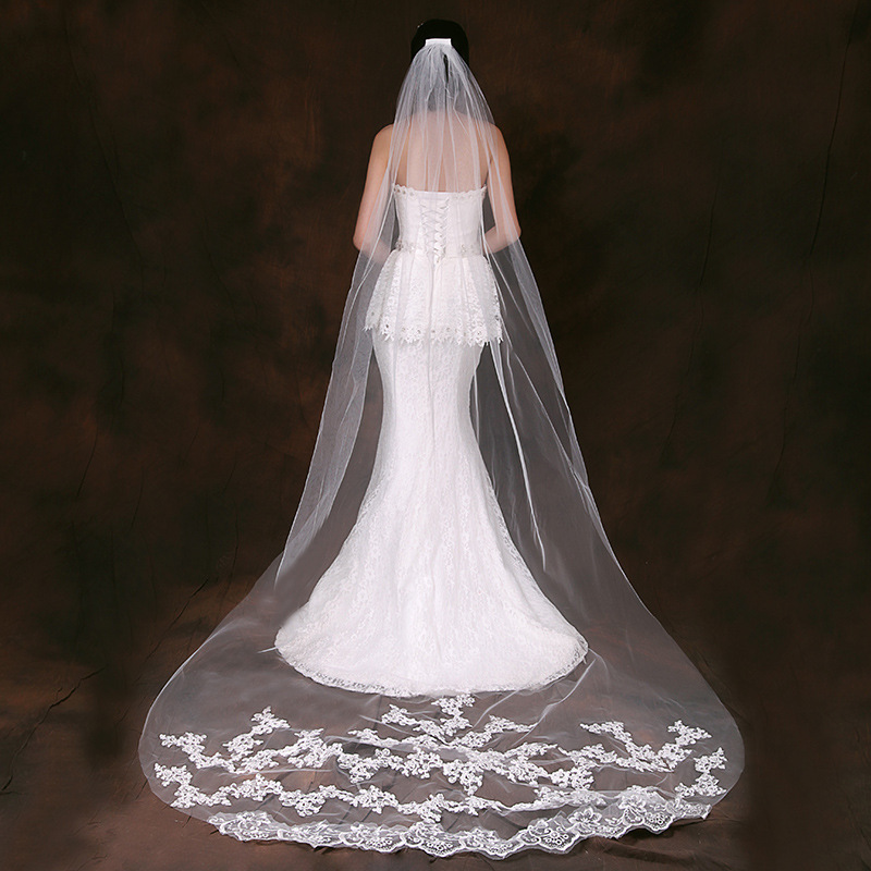 Voile de mariage blanc ivoire de 4 mètres, Long avec bord en dentelle, avec peigne, accessoires de mariage: A--2-Beige