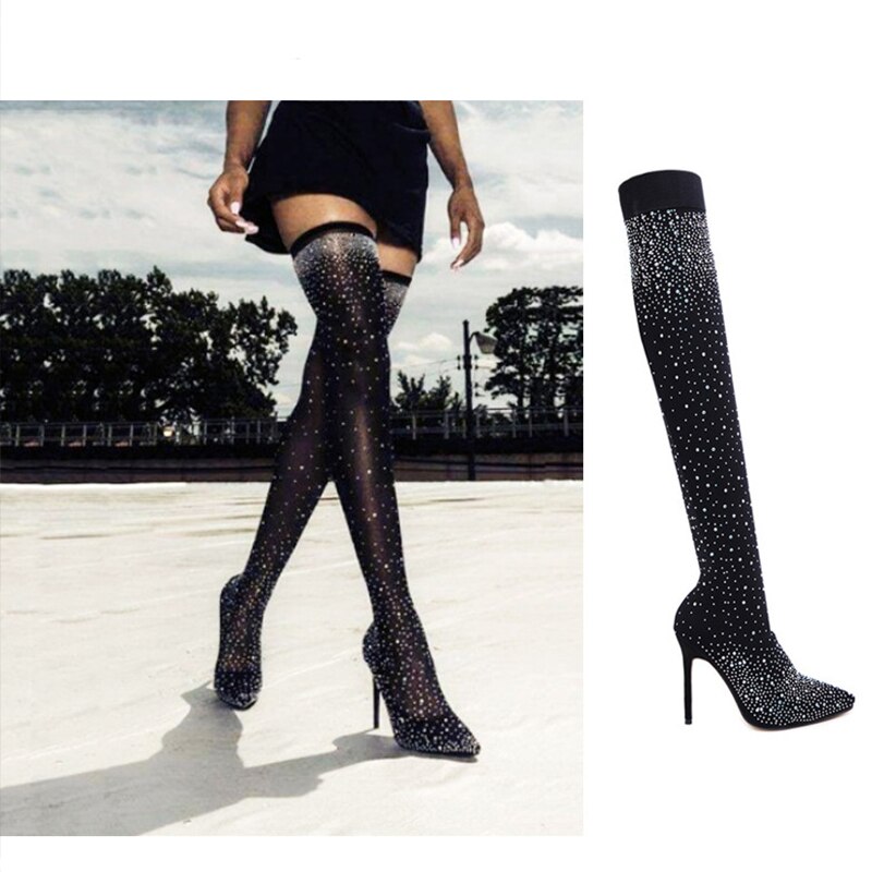 Zoelea femmes cristal Stretch tissu chaussette bottes bout pointu sur le genou talon cuisse haut bout pointu femme botte