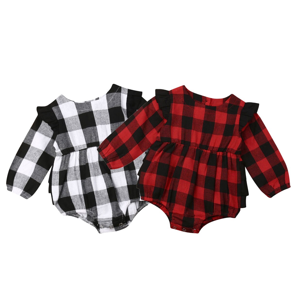 Xmas Toddler Baby Girl Boys Plaid Bodysuits Clothes Long Sleeve Ruffles Christmas Jumpsuit Outfit 0-18M