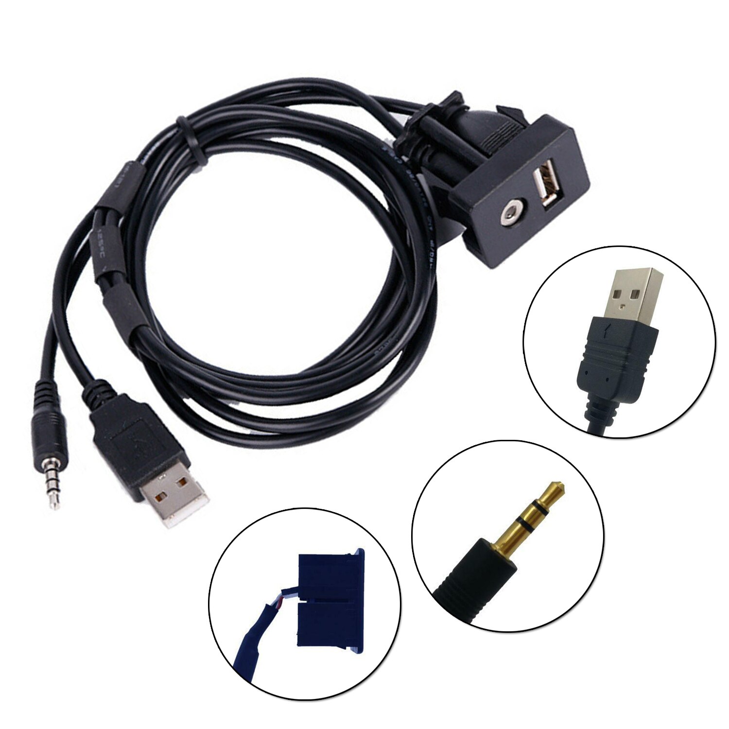 AUX USB Extension Cable USB 3.5mm AUX Male Mounting Car Dashboard Panel Audio Flush Mount Adapter Cable