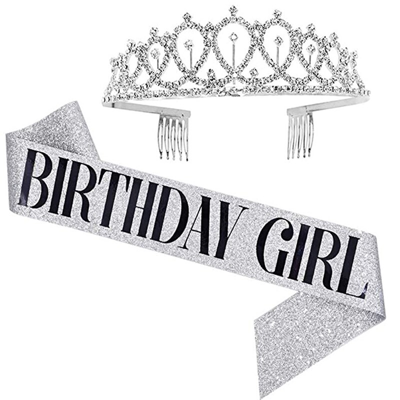 Bling Rhinestone Crystal Crown Tiara Birthday Anniversary Decoration Happy 18 21 30 40 50th Birthday Satin Sash Party Supplies: SVA