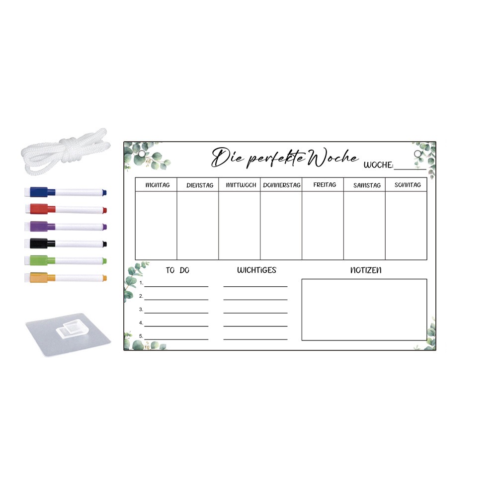 mit 6 Stiften, Acryl-Notiztafel, transparent, wiederverwendbar, Kühlschrank, Kalender, rahmenlos, zum Aufhängen, Notiztafel-Set, Kühlschrank: WEISS