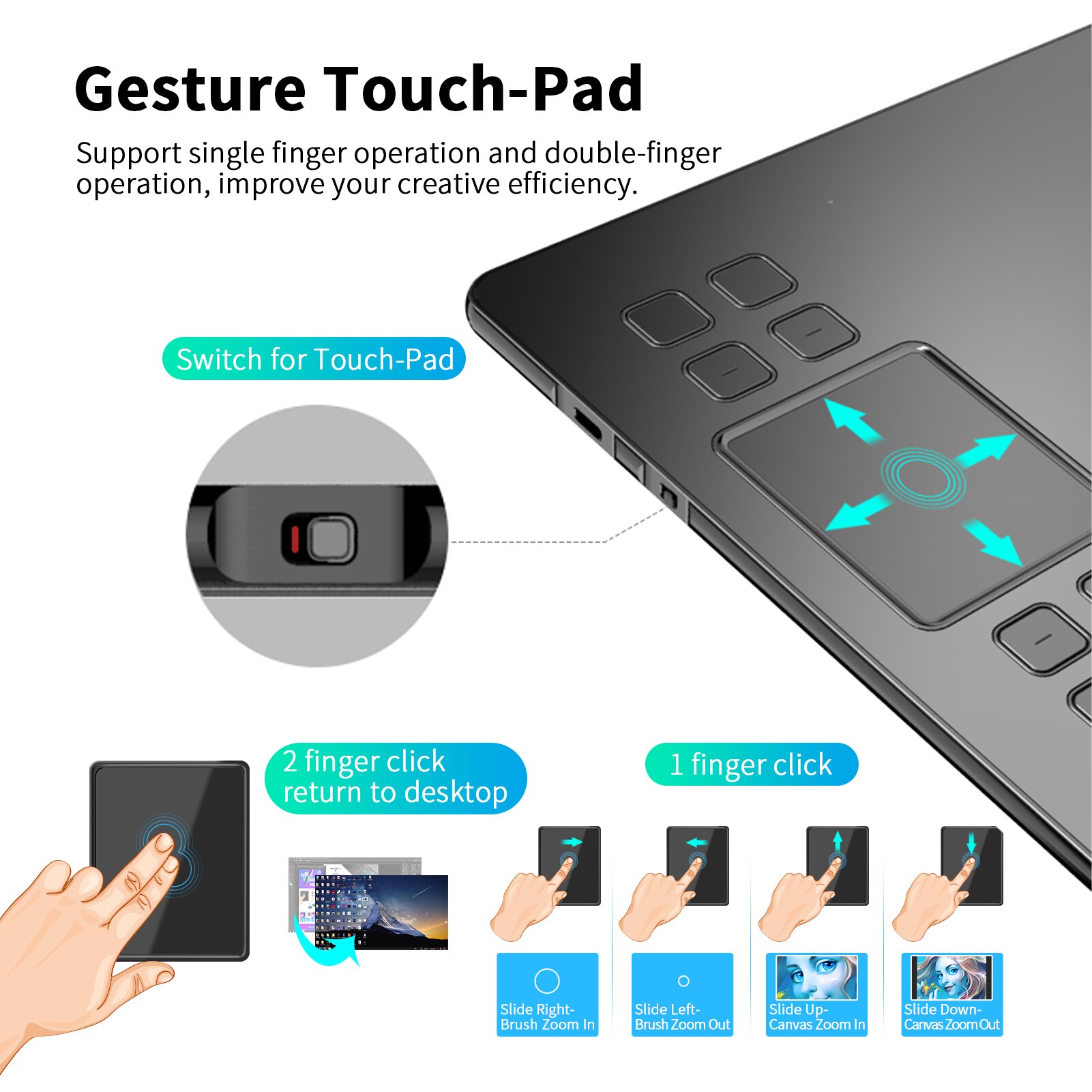 VEIKK A50 Graphics Drawing Tablet 8 Express Keys &amp; Gesture Touch-Pad 8192 Levels Pressure Art Graphics Tablet with Passive Pen