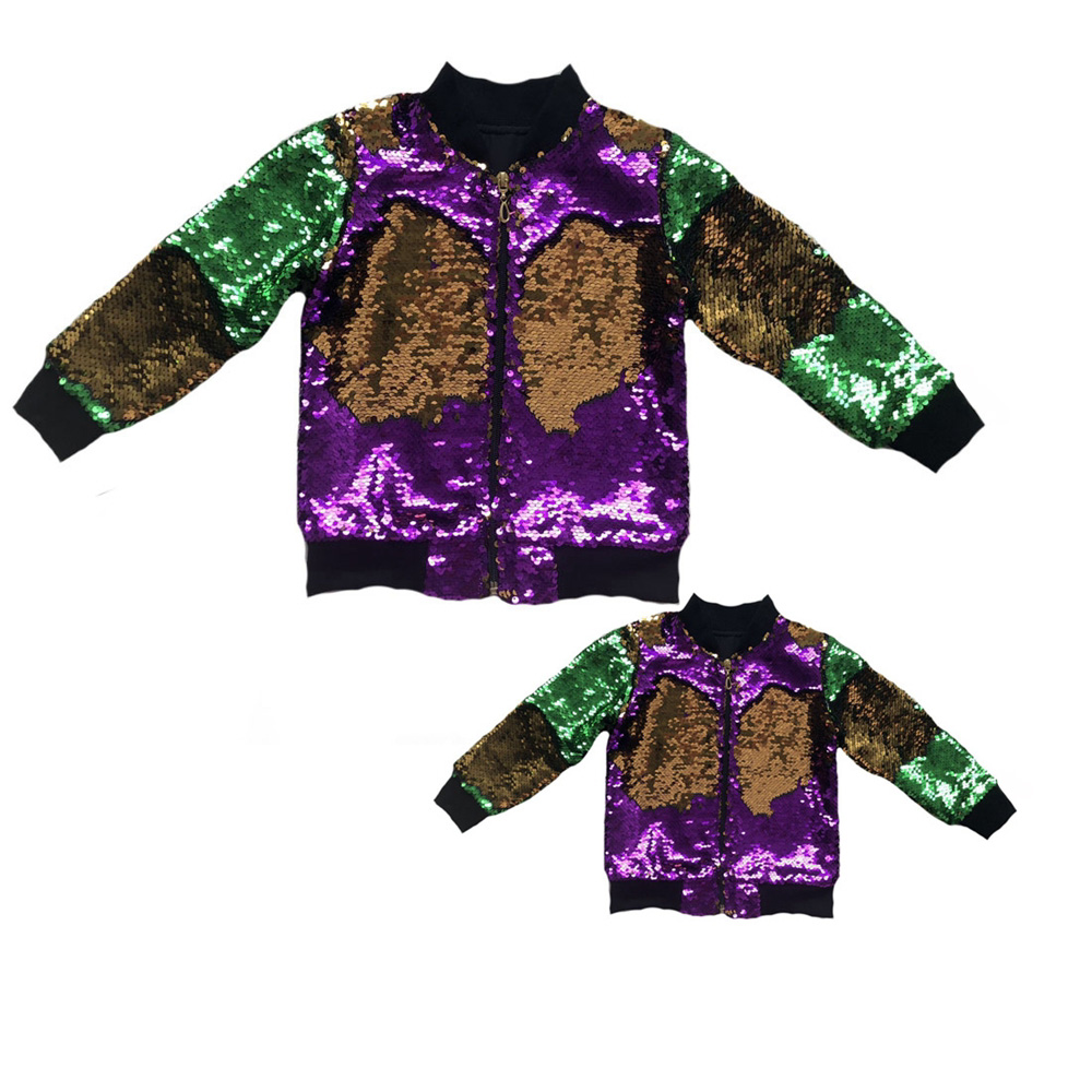 großauftrag Mommy & Me Mardi gras pailletten bomber jacke reversible farbe ändern pailletten mäntel 1 stücke