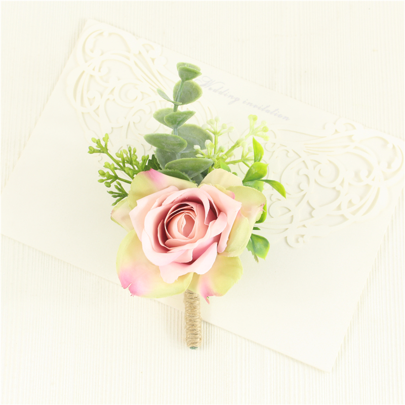 Beige Boutonnieres Blumen Künstliche Rosen Seide Weiße Corsage Knopfloch Trauzeugen Boutonniere für Männer Hochzeitsaccessoires: Rose Rot