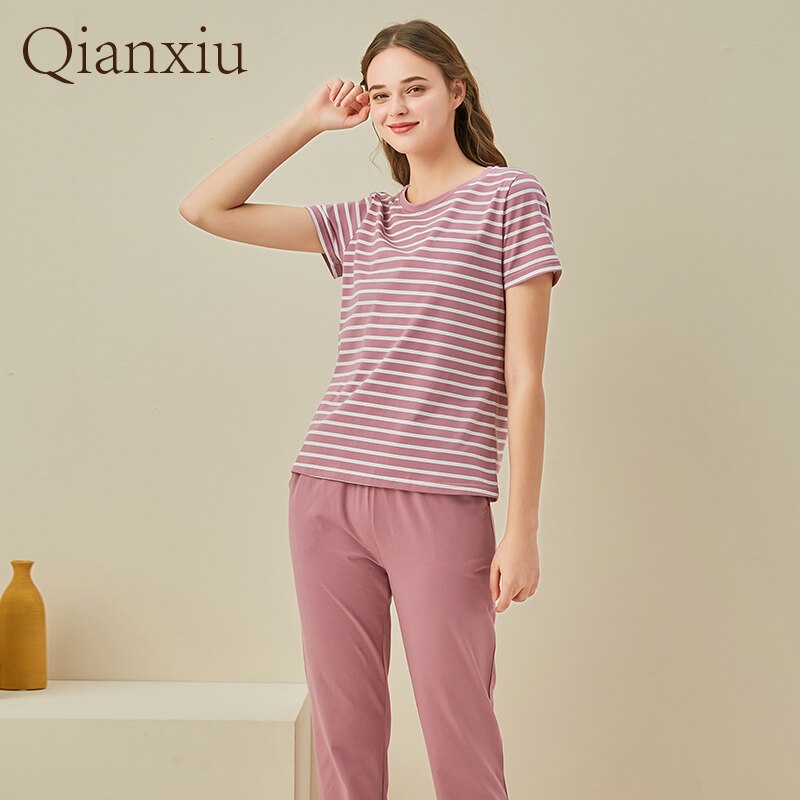 Spring Autumn Women Casual Striped pajama sets Female short sleeve Round Collar T shirt & Pants Ladies Cotton Sleepwear suit