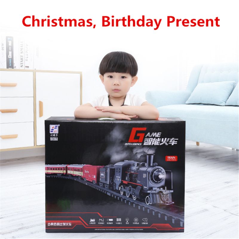 TEMI Electronic Classic Railway Train Sets w/ Steam Locomotive Engine, Cargo Car and Tracks, Battery Operated Play Set T