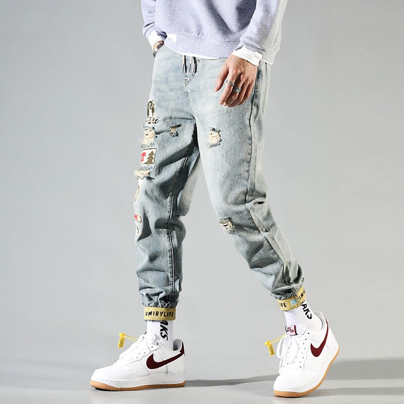 Streetwear hombres Jeans Retro Azul parches destruido Harem rotos pantalones holgados Hip Hop pantalones vaqueros de hombre