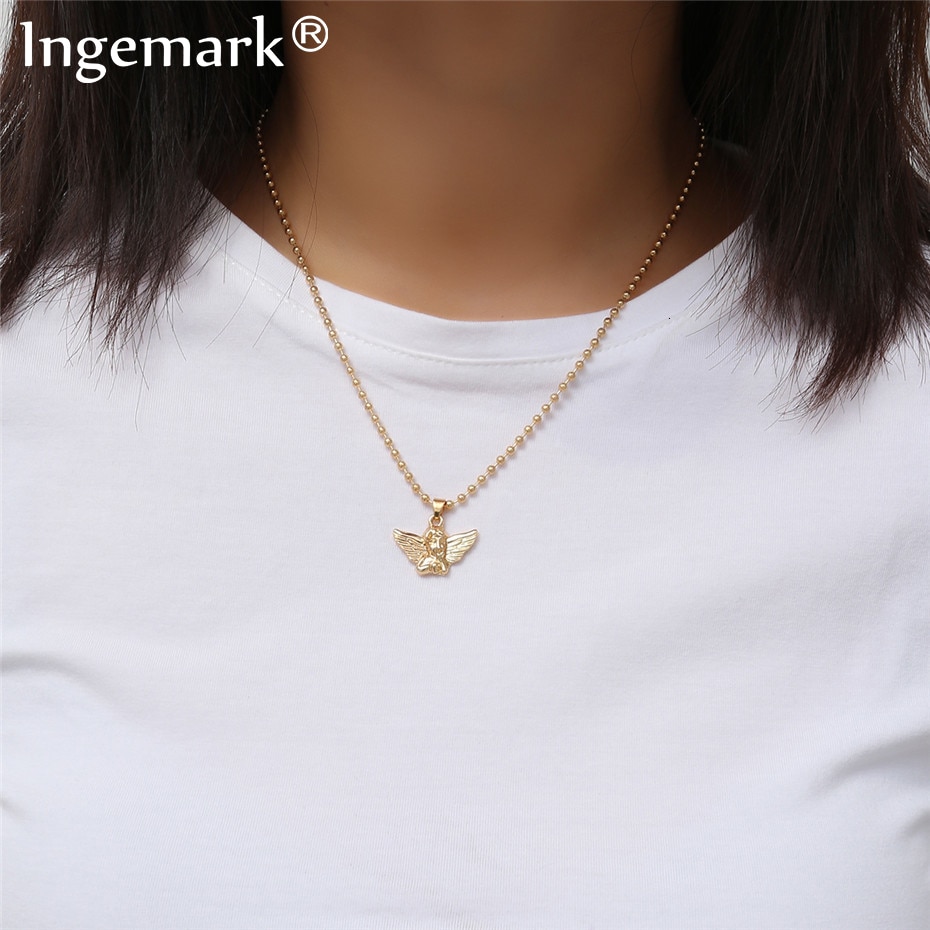 Ingemark Angel Pendant Choker Necklace Eco-Friendly Material Alloy Beads Boho Chain Necklace Collier Women Jewelry