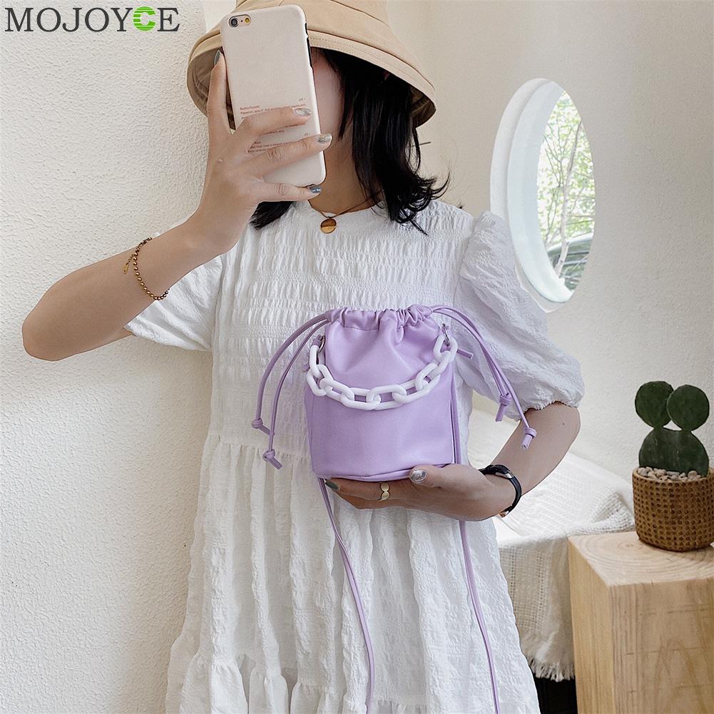 Drawstring Shoulder Bag Women PU Chain Bucket Handbags Female Solid Color Purse Youth Ladies Simple Versatile Bag