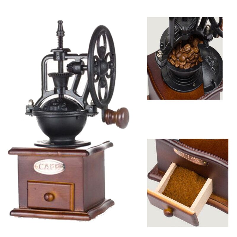 Klassisk tre manuell kaffekvern hånd støpejern retro håndlagde kaffebønner krydder mini burr mill kverner kjøkkenverktøy