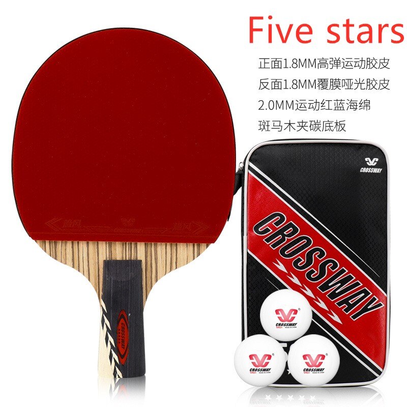 CROSSWAY 5 Star Table Tennis Racket Ping Pong Paddle Rubber Bat Finished Single Carbon Bottom Plate With Ball Bag