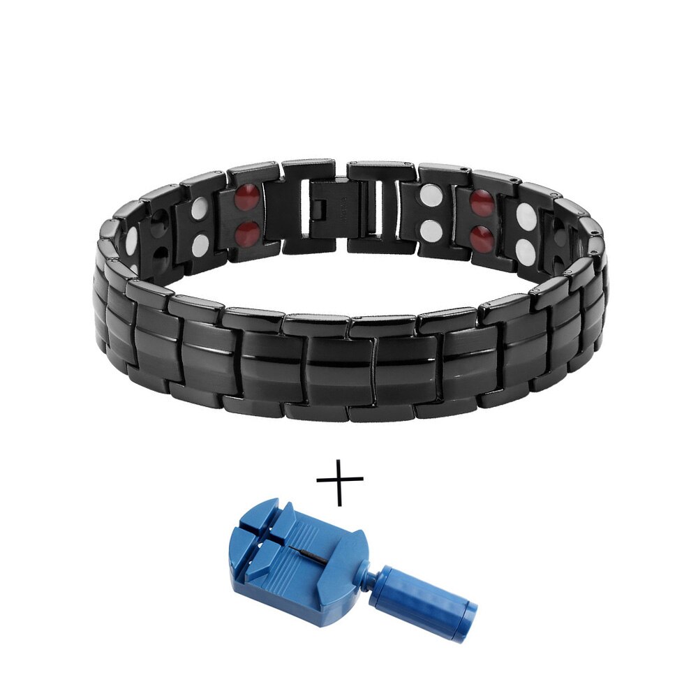 FINE4U B389 Mens Titanium Magnetic Bracelets Arthritis Relief Pain Health Double Row 4 Elements Strong Magnets: Black2