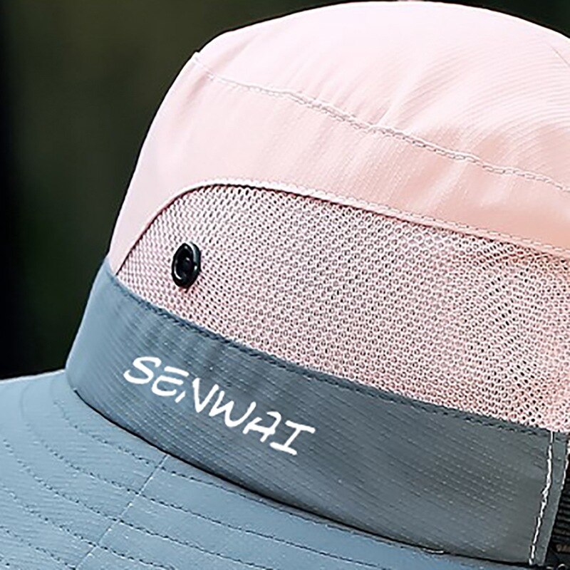 Outdoor Hiking Wide Brim Bucket Hat Women Quick Drying Breathable Packable Sunshade UV-proof Ponytail Cap With Chain Strap