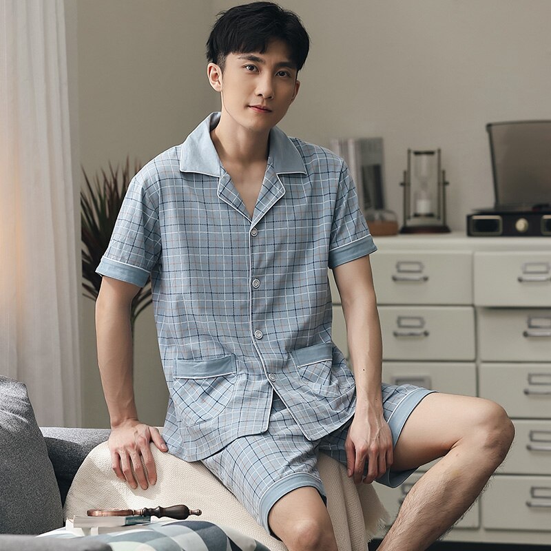 Men Shorts Pajamas 100% Cotton 2 Pieces Sleepwear Pijama Man&#39;s Bedgown Home Clothes PJ Plaid Pure Cotton Pajamas Summer