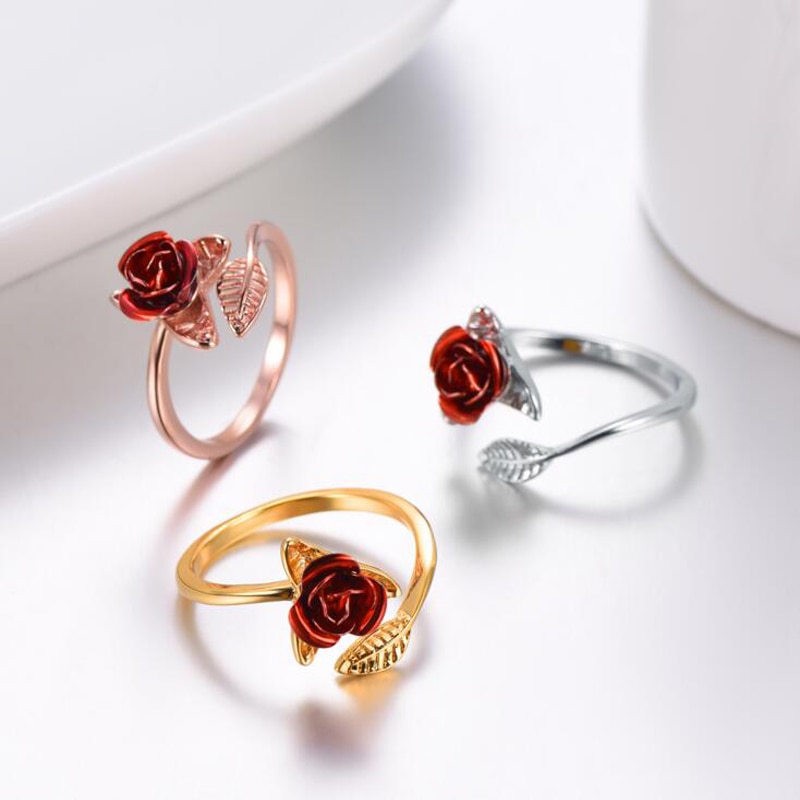 Frauen Ring Rote Rose Garten Blume Blätter Öffnen Ring Resizable Finger Ringe Für Frauen Valentinstag Schmuck