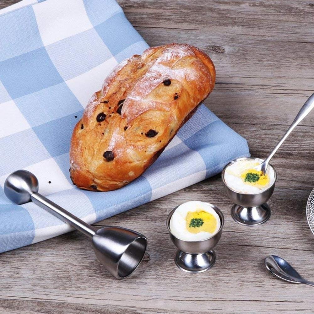 Egg Cracker Cutter Topper Set for Soft Hard Boiled Eggs Include 2 Egg Cups 2 Spoons and 1Stainless Steel Eggshell Topper Cutter