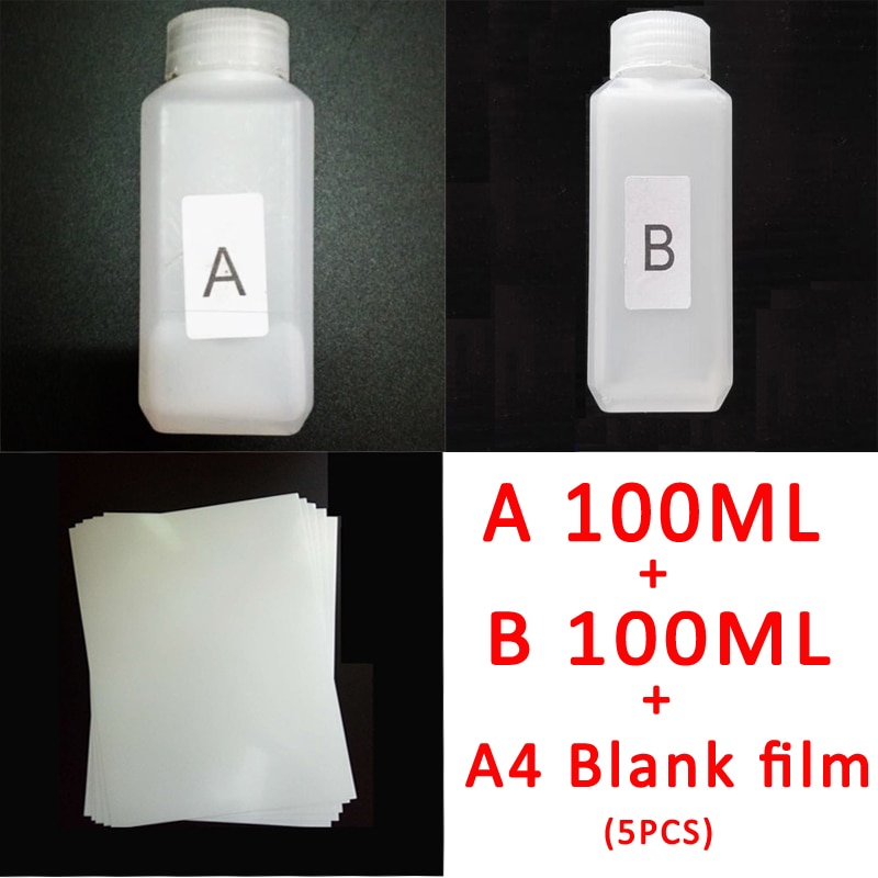Diy test kit aktivator  a100ml, b 100ml, a4 blank film 5 stk, vandoverførsel udskrivning hydrografik film, film til aqua print