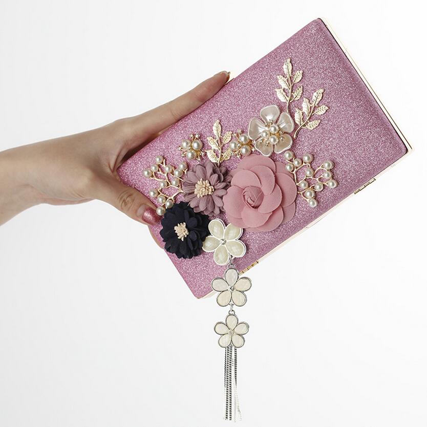 Håndlavede blomsteraftentasker bryllupskoblingstasker med perlekæde festtasker til damer  mn569: 3