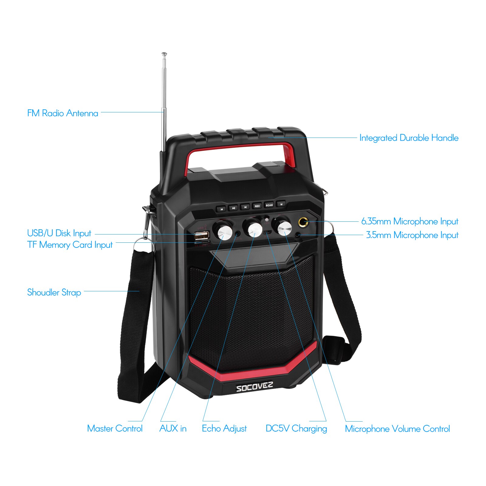 Wireless BT Music Speaker 20W LED Screen with FM Radio Record Echo Effect with Remote Control