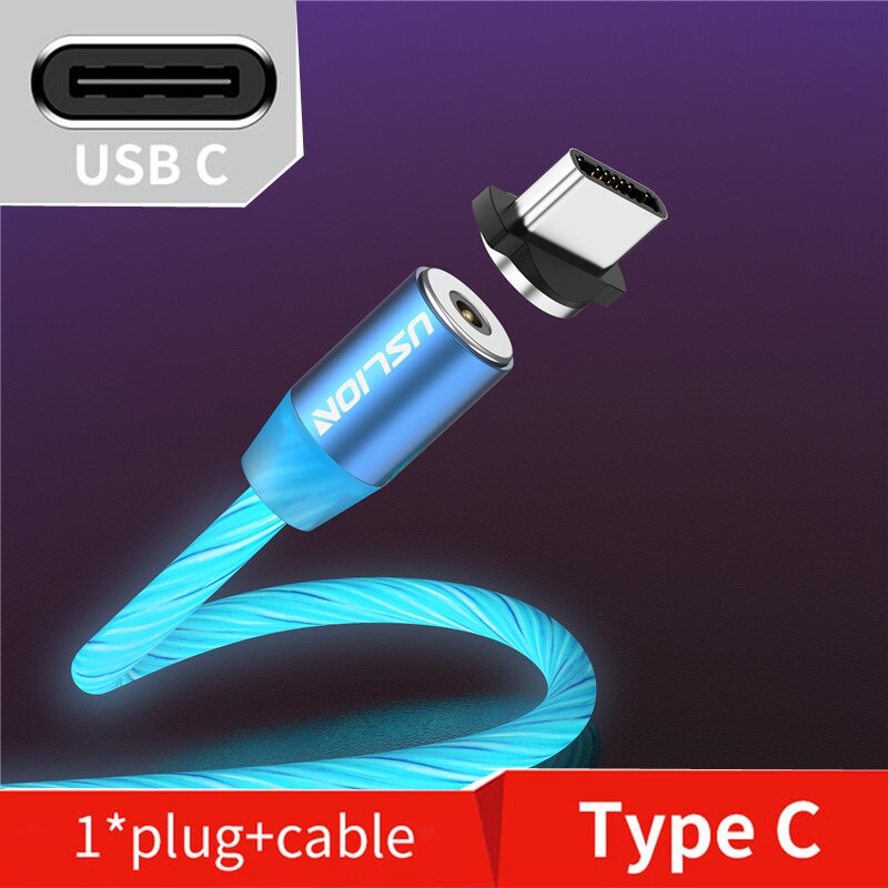 Cabo usb magnético de led uslion para celular, fio para carregador com micro usb tipo c para carregamento rápido para iphone samsung s10: Blue Type C