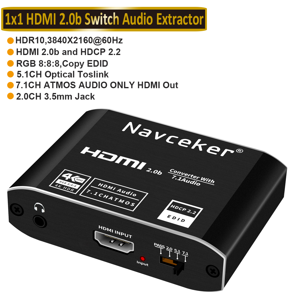 Navceker Hdmi 2.0 Audio Extractor Hdmi Naar Rca 4K 60Hz YUV4:4:4 Hdr Hdmi Audio Converter Adapter 4K Hdmi Naar Optische Toslink Spdif