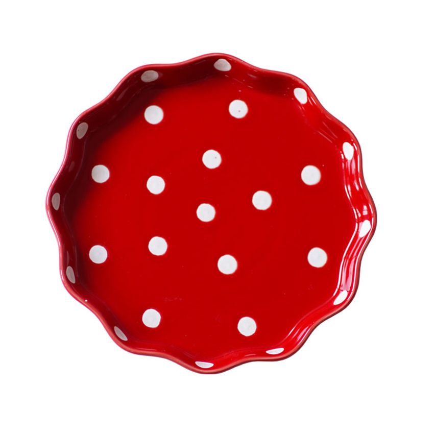 Porcelain Pie Pan, Round Pie Plate Baking Dish with Ruffled Edge Fruit Dessert Vegetable Plate Microwave Baking Plate: Red