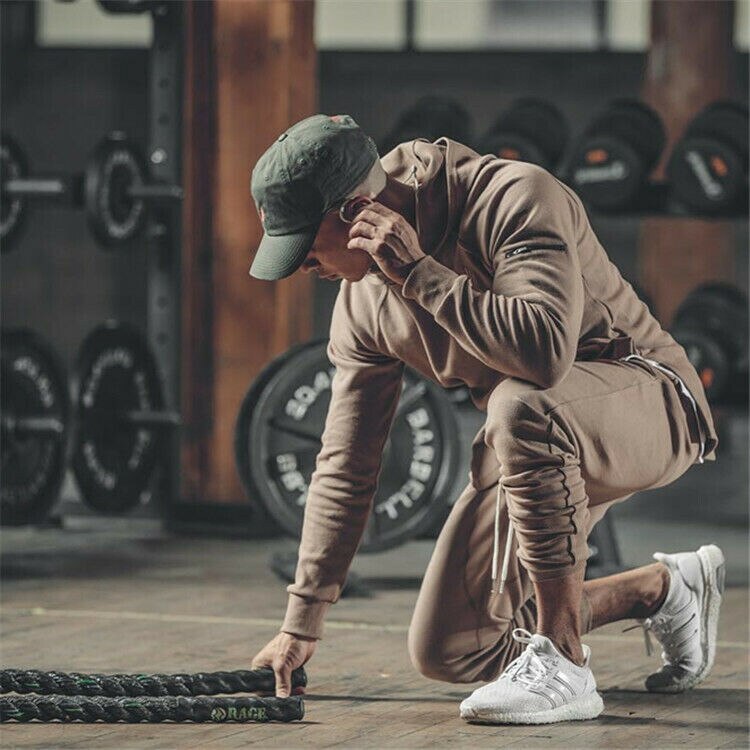 Heren gym dunne hoodie lange mouwen hoodies sweatshirt casual t-shirt fitness tops: M / Khaki