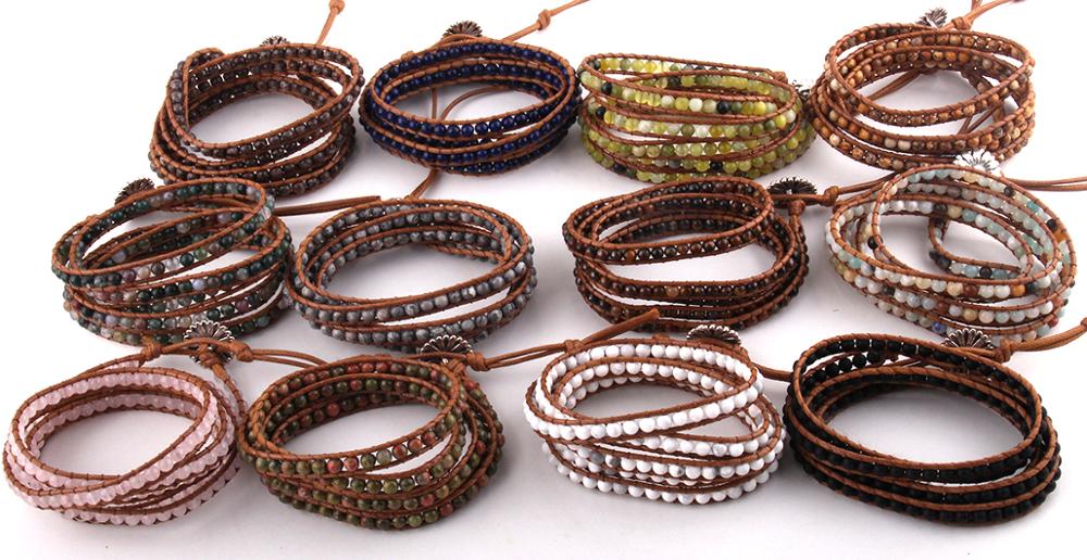 Joyería de para mujer, pulsera de cuero marrón hecha a mano, 5 hebras, piedras naturales de 4mm, pulseras envolventes, DropShippers