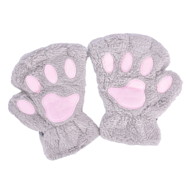 Soft Plush Short Fingerless Fluffy Bear Cat Gloves Costume Half Finger Black Beige Women Cute Cat Claw Paw Plush Mittens Warm: grey