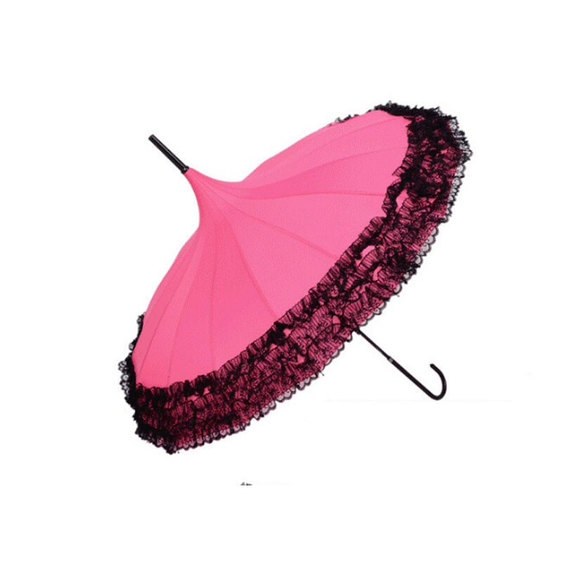 Princess Lace Pagoda Umbrellas For Straight Bar Semi Automatic Long Handle Hook Rain Gear Lady Sunshade Unbrellas Women Parasol: Rose
