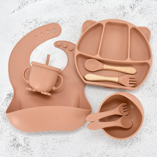 8PC Baby Silicone Sucker Plate Bowl Cup Spoon Fork Placemat Sets Food Grade Children&#39;s Compartment Training Dishes With Sucker: Panda Orange