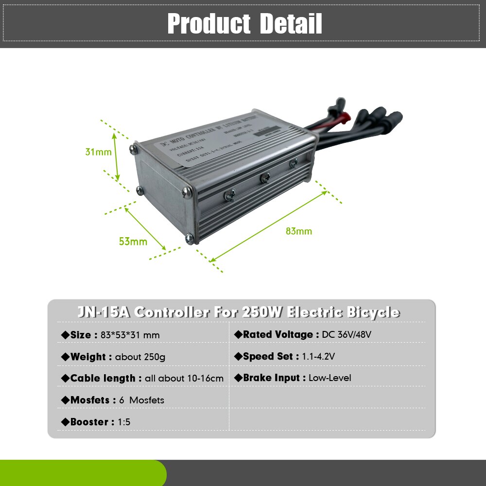 Ebike JN 15A Controller 36V/48V 250W Brushless Hub Motor 6 Mosfet With Light SM Julet Waterproof Plug Electric bike Accessorice