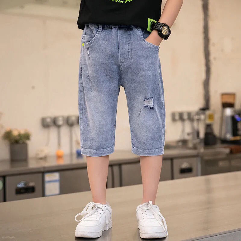 Summer Teenager Kids Children Jean Shorts Denim Cotton Shorts for Boys Solid Casual Shorts Beach Short Sports Pants 5-12Yers
