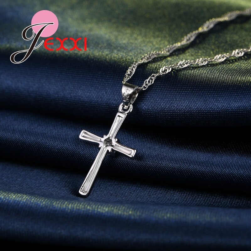 Classice Cross Shape Crystal 925 Sterling Silver Necklace Earrings Pendants Jewelry Set For Women