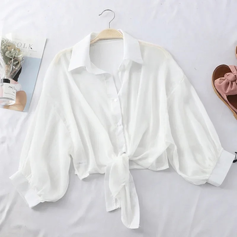 Blusa informal holgada de gasa con media manga para mujer, camisa con botones, cintura atada, primavera y verano, 9776