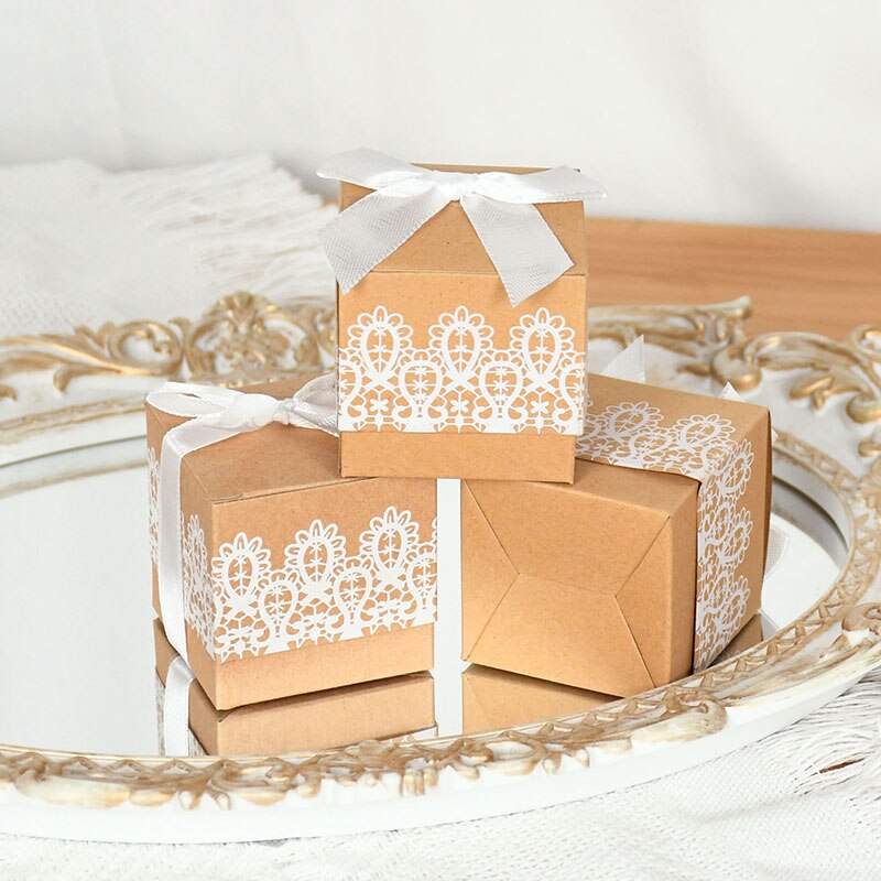 10/30/50pcs Lace Bow Candy Boxes Wedding for Guests Chocolate Packaging Box Bag Birthday Party Baby Shower Supplies