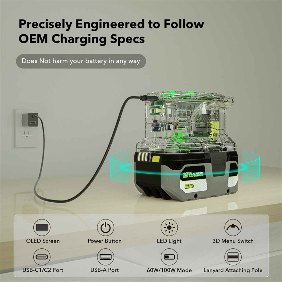 Snellader Voor Ryobi 18V Één + Acculader Lithium Batterij 100W Snel Opladen Usb-Poort Tweeweg Oplader