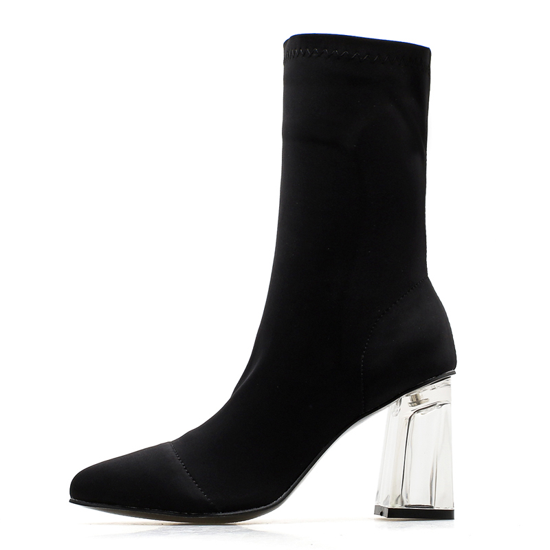 Botas de mujer Botines elásticos de Punta puntiaguda de tacón grueso zapatos de tacón alto botas de tacón transparente negras para mujer