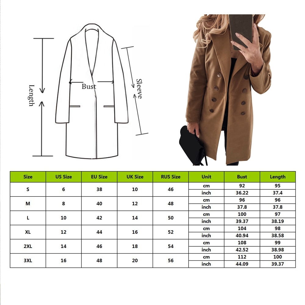 Abrigo de mezcla Kakhi de doble botonadura de largo medio Color sólido abrigo de lana Otoño Invierno mujer Vintage chaqueta Tops