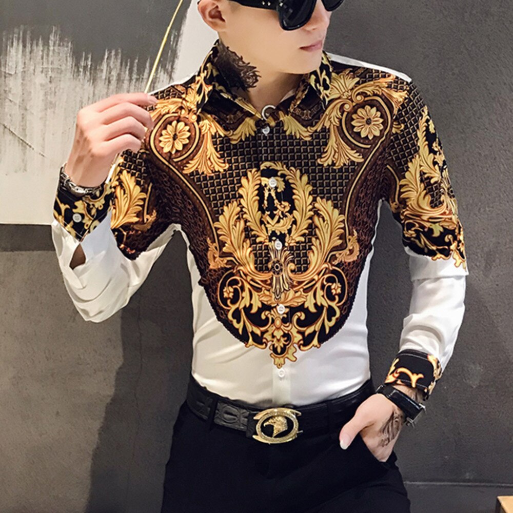 Luxury Gold Print Shirt Mens Men Long Sleeve Shirts Party NightClub Tuxedo Shirts Casual Slim Fit Streetwear Blouse Homme