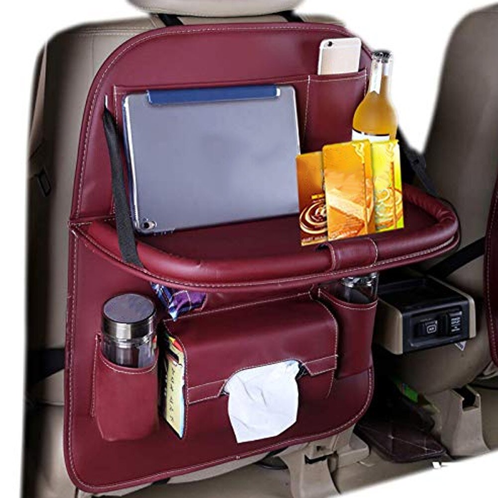 Auto Rücksitz Organizer Faltbare Tisch Halfter PU Leder trete matt für Flasche Gewebe Kasten Kind Spielzeug CSL88: Wein rot