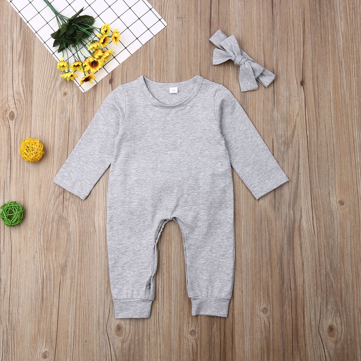 Baby Spring Autumn Clothing 0-24M Infant Baby Girl Boy Long Sleeve Romper Grey Jumpsuits Back Bowknot Headband 2Pcs Clothes