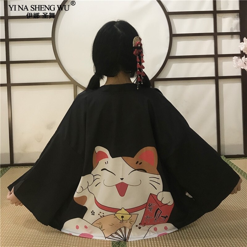 Cárdigan Harajuku de japonesa para mujer, Kimono negro, rojo, gato de la suerte, blusas informales holgadas para chica