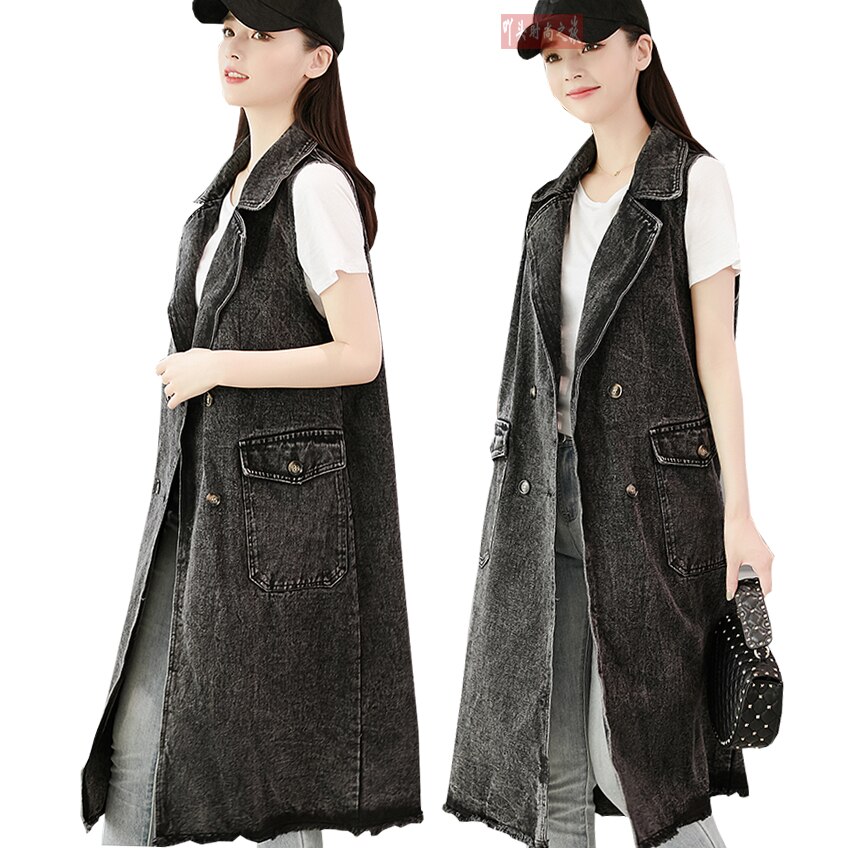 Chaleco vaquero largo con bolsillos grandes para mujer, chaqueta sin mangas de talla grande, color negro, a la
