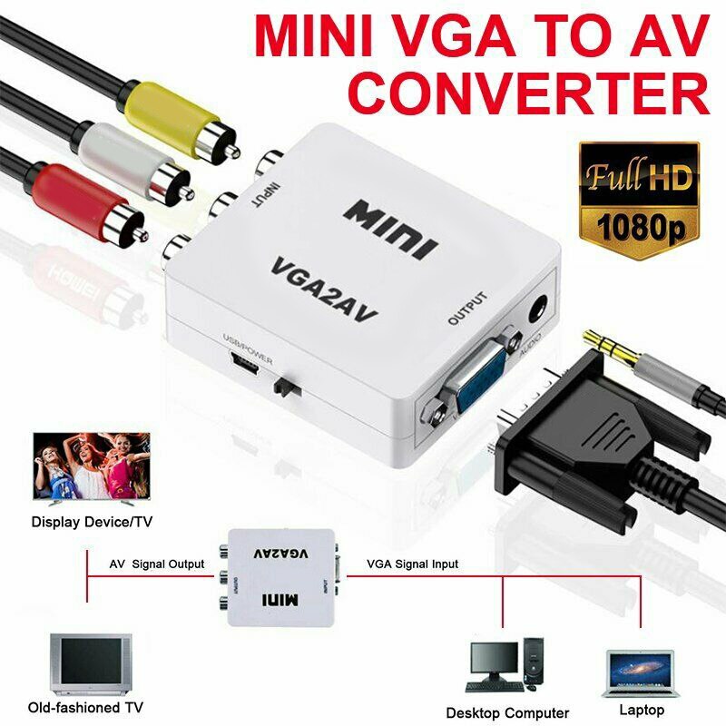 VGA to AV Mini Converter Scaler Adapter Support 1080P VGA2AV Converter PC to TV HD Computer to TV: Default Title